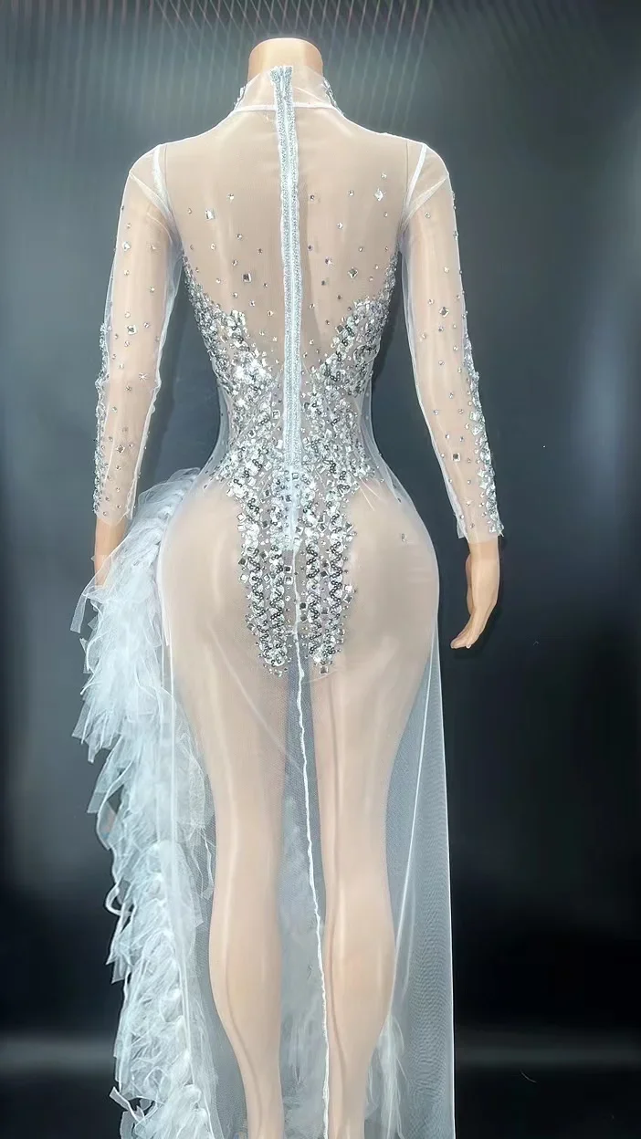 Feiern Sie Geburtstags kleid Performance Show Bühnen kleidung funkelnde silberne Pailletten Langarm weiß Mesh Spitzen kleid sexy Split Abend