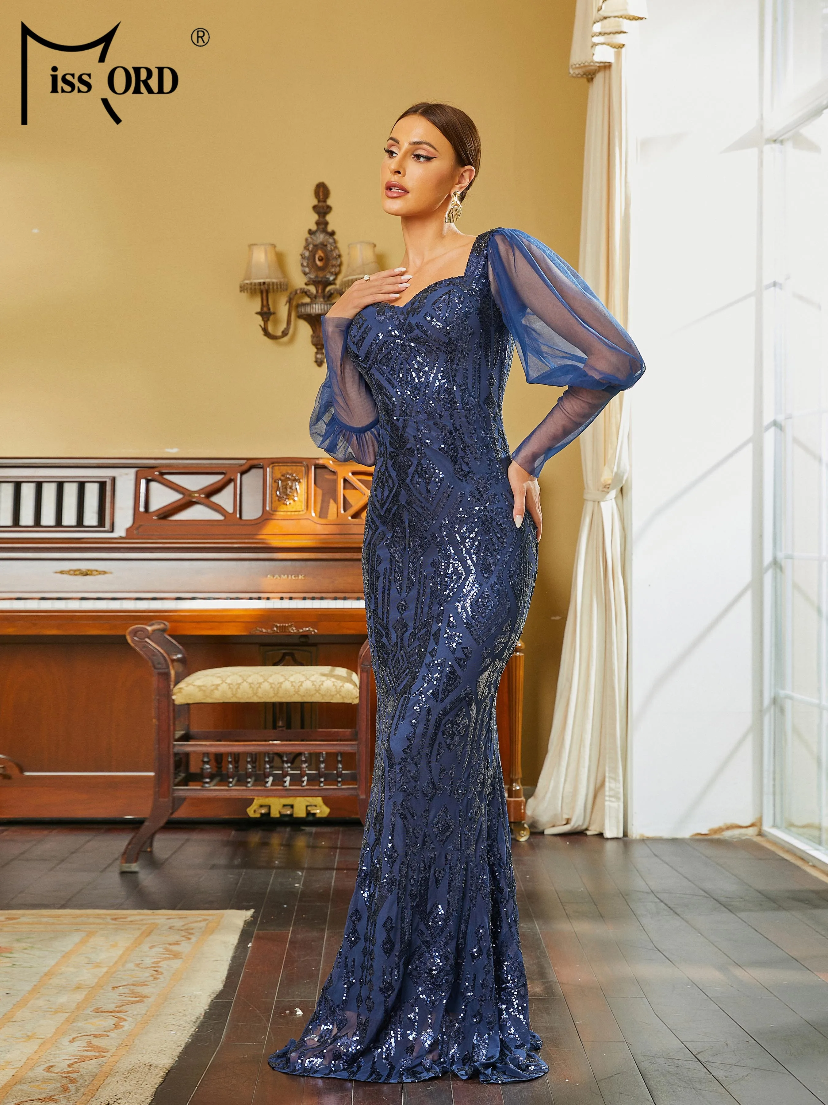 Missord-Robe Sirène en Tulle à Manches Lanternes et Paillettes, Tenue de Soirée Chic et Élégante de Luxe, Disponible en Bleu