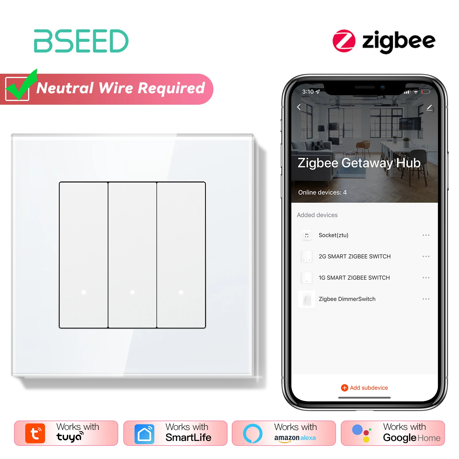 BSEED Zigbee 1/2/3Gang Tuya Lichtschalter Smart Click Buttons Smart Life Alexa App Plus EU-Buchsen USB-C-Anschlüsse ohne Zigbee 8