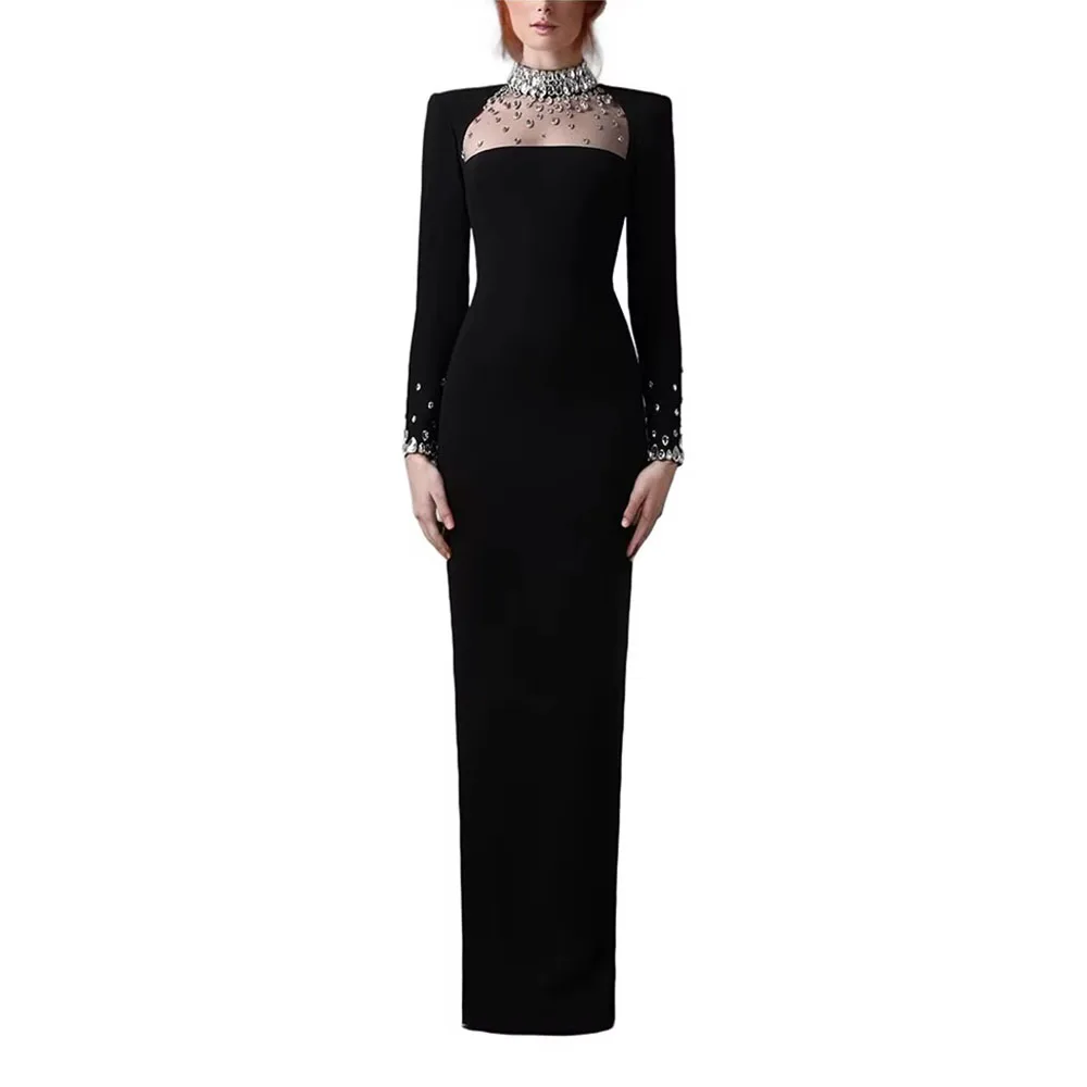 

Luxury Jersey Evening Party Dress Black Sheath Rhinestone High Collar Bespoke Occasion Gown Long Sleeves Column Formal Dresses