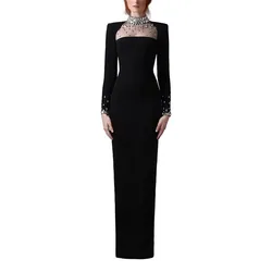 Luxury Jersey Evening Party Dress Black Sheath Rhinestone High Collar Bespoke Occasion Gown Long Sleeves Column Formal Dresses