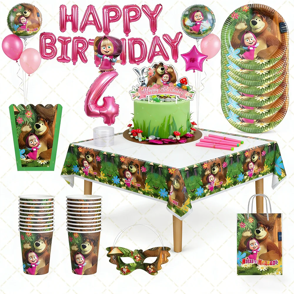 Mascha und die Bären Geburtstagsballons Partydekoration Becher Teller Servietten Tischdecke Banner Toppers Partyzubehör Babyparty