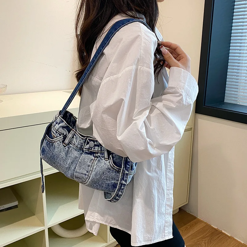 Funny Jeans Design Women Shoulder Bag Fashion Denim Pants Handbags Canvas Wide Strap Crossbody Bags for Women Square Flap Tote