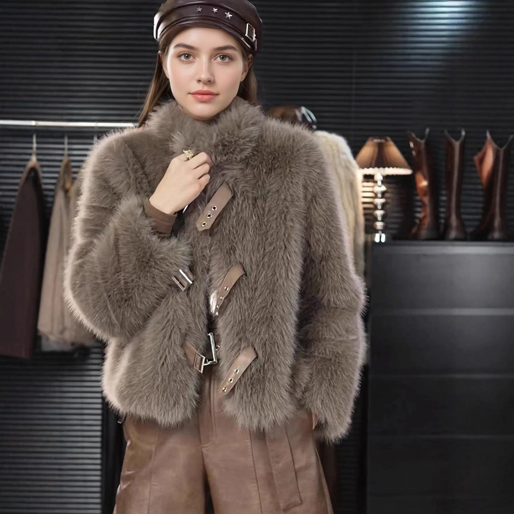 Maillard Color Leather Buckle Design Faux Fur Coat Winter Short Warm Plush Jacket