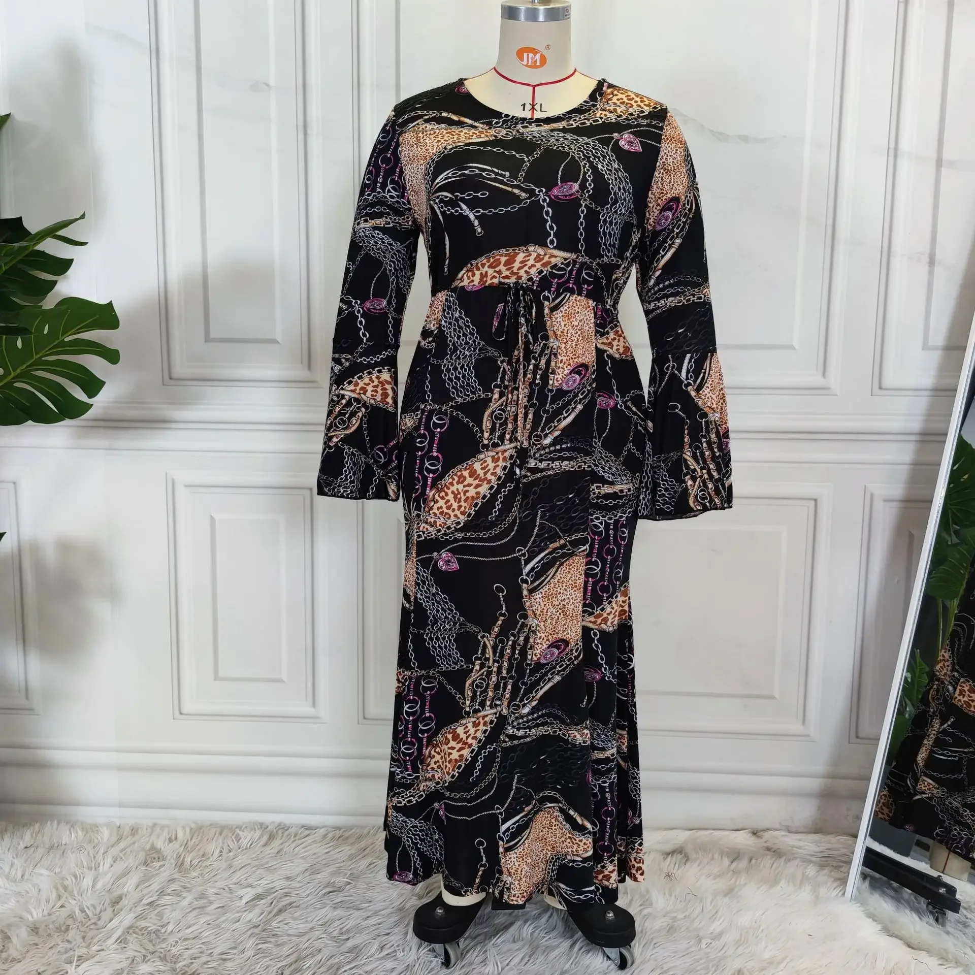 

Loose Muslim Printed Long Dress Boho Plus Size Dress for Women Casual Long Sleeve Ladies Dress Dubai Abayas Robe Elegante Femme