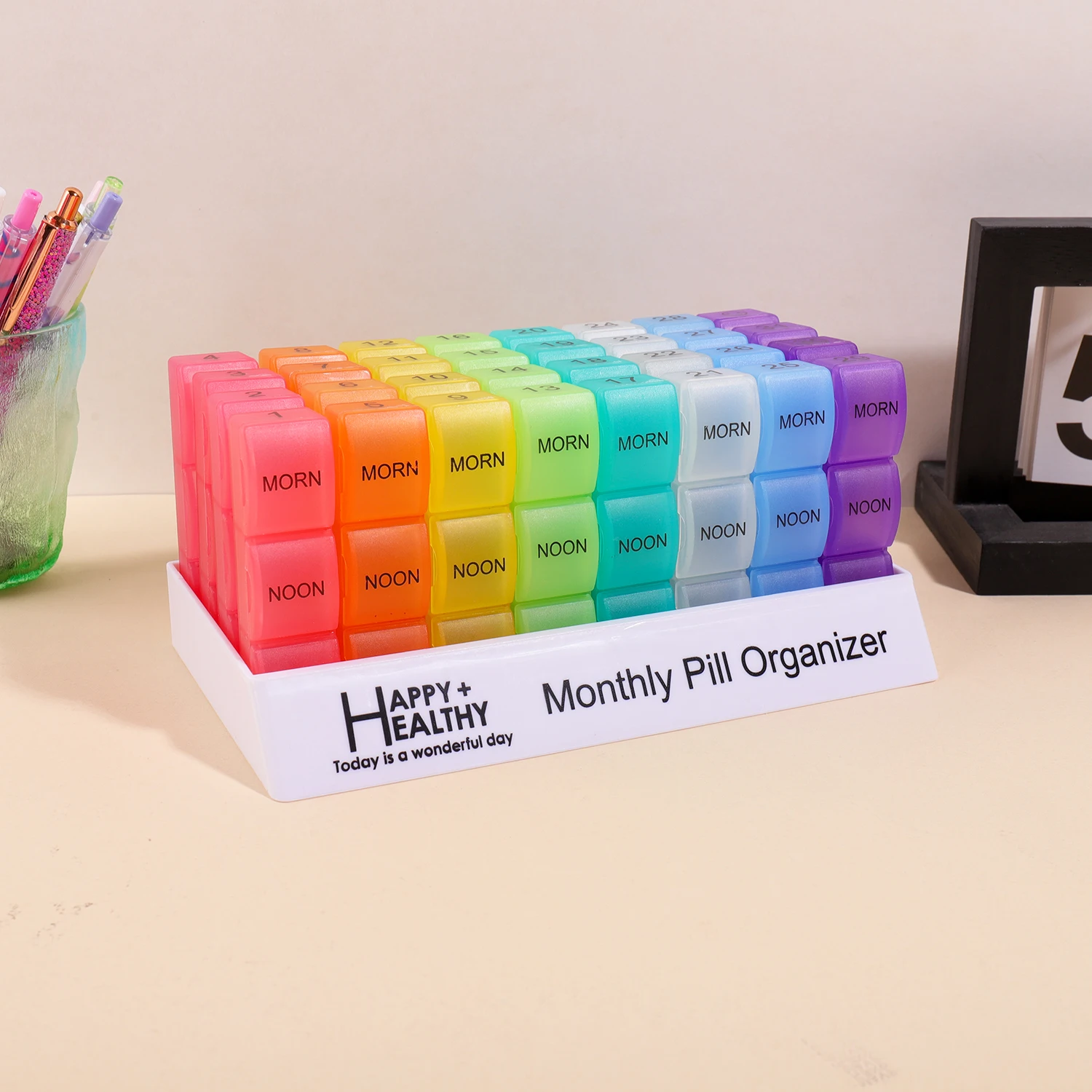 31 Days Monthly Pill Organizer 3 Times A Day, Rainbow Detachable Pill Box MORN NOON EVE Compartments, Medicine Storage Case