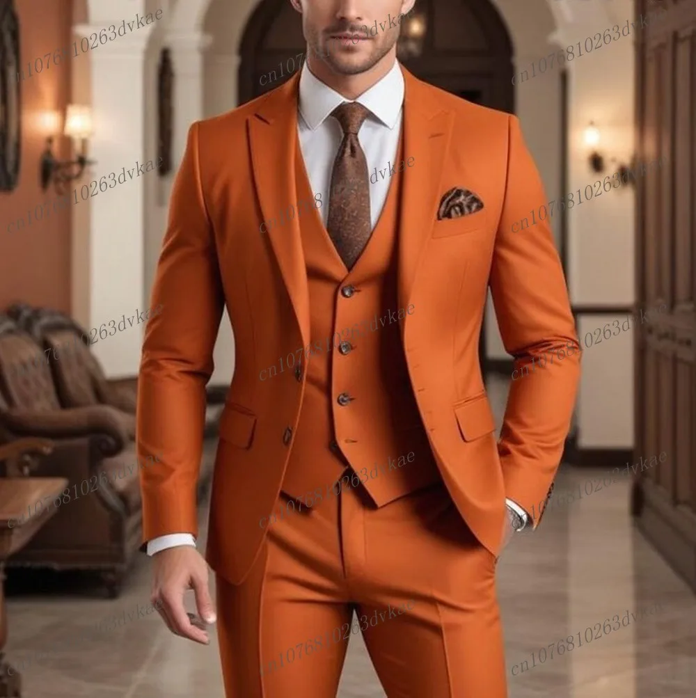 Male Orange Business Suit Groom Groomsman Wedding Party Prom Formal Occasion Men Tuxedos 3 Piece Set Blazer Vest Pants