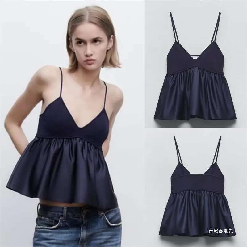 

2024 Women Sexy V Neck Knitting Patchwork Hem Pleats Sling Smock Blouse Female Shirt Blusas Chic Tops