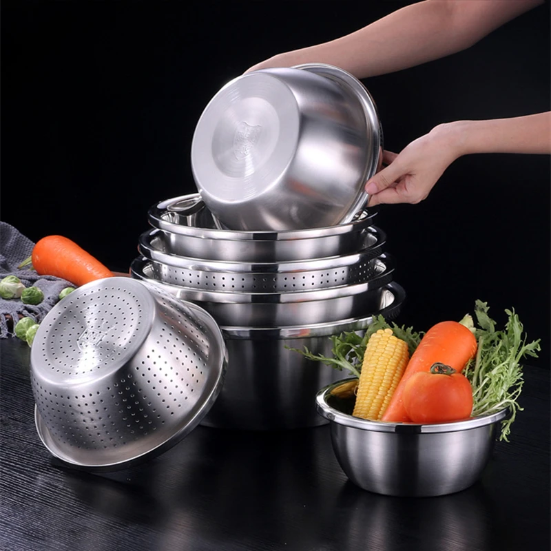 

Stainless Steel Mixing Bowls Kitchen Soup Basin Set Multifunctional Rice Sieve Fruit Vegetables Washing Drain Basket Filter Tool