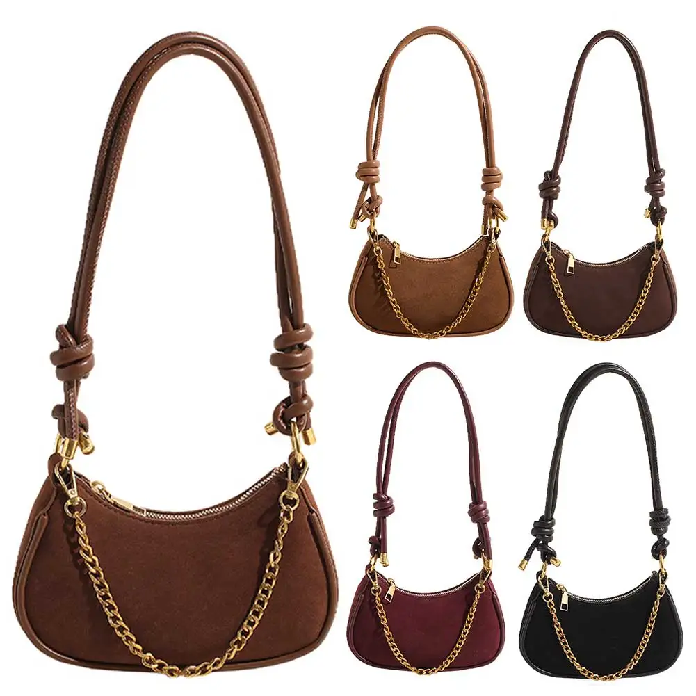 Women Suede Crescent Bag Adjustable Strap Shoulder Bag With Chain Handbag Zipper Closure Work Travel Bag Shopping Daily Package