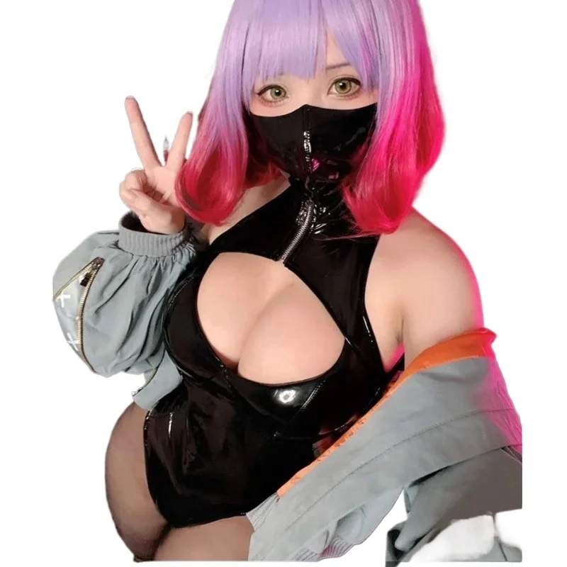

Women Anime Cosplay Bodysuit Erotic Black Leather Sexy Costumes High Cut Backless Hollow Out Bodysuit Hot Tight Shiny Catsuit