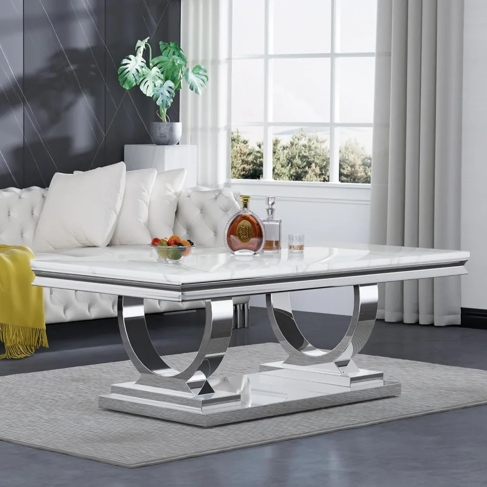 Modern Marble Coffee Table, Rectangular White and Silver, with U-shaped Stainless Steel Base and Silver Mirror Finish