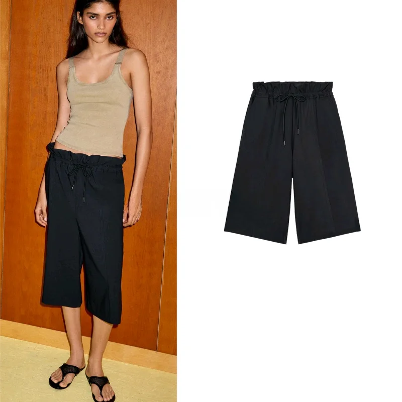 

Spring New Knot Belt Side Pocket Decoration Casual mid Waist Short Pants Women's Fashion Leisure Trousers