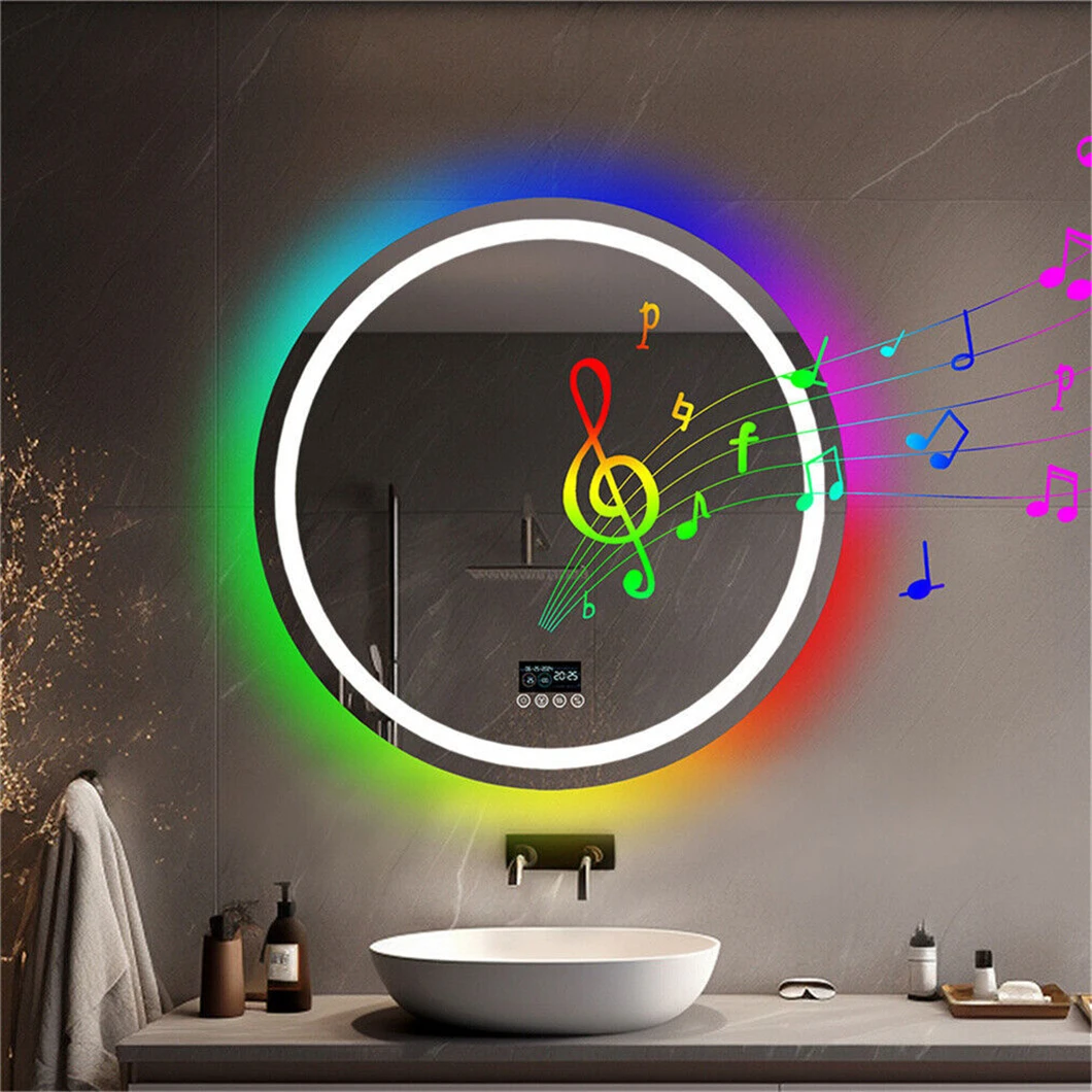 LED Bathroom Mirror Round 800x800mm Wall Hanging Mirror Anti Fog Bluetooth Speaker Brightness Memory Front Light & RGB Backlit