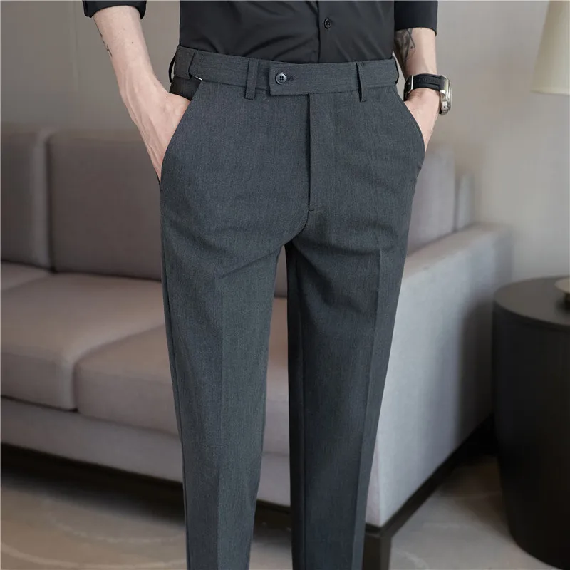 Plus Size 40 38 Spring Summer New Solid Color Elastic Waist Dress Pants Men Slim Business Office Social Ankle Length Trousers