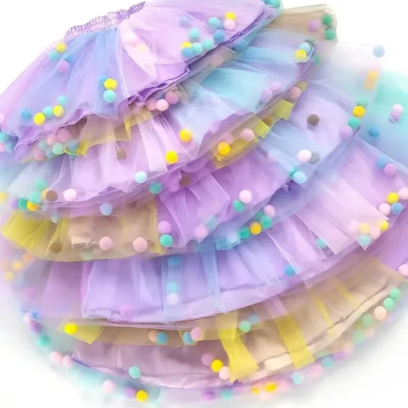 2024 New Arrival Infant Mulity Colorful Tulle Tutu Skirt Pom Pom Princess Mini Dress Children Clothing Pettiskirt Girl Clothes