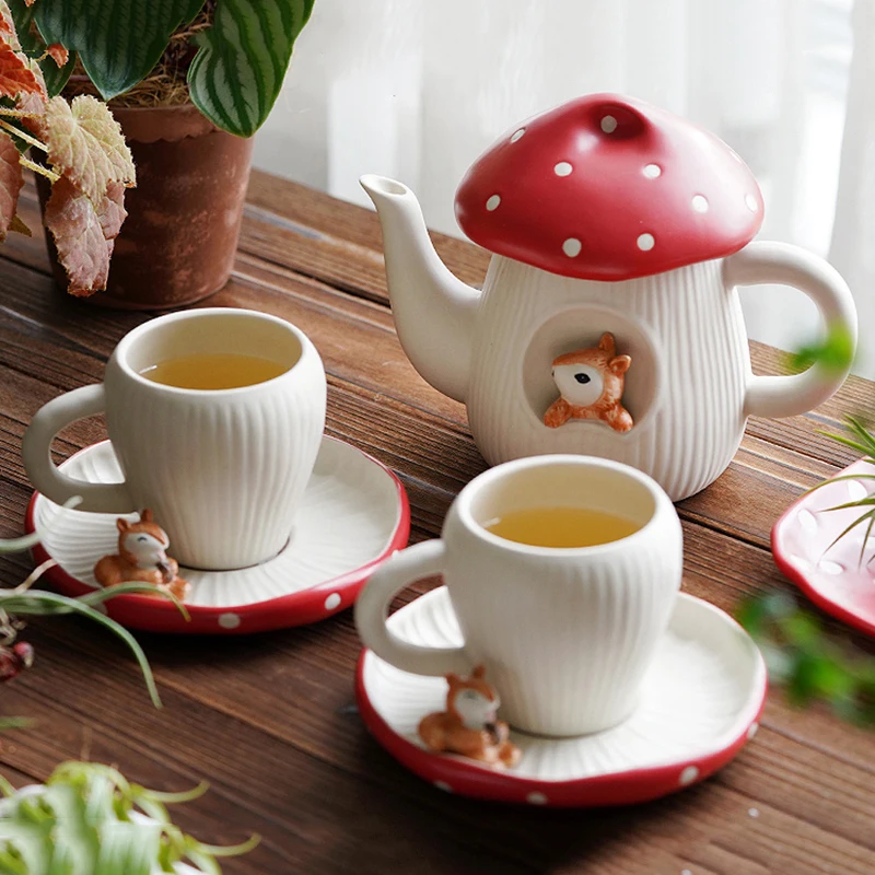 Mushroom Ceramic Cup Coffee Mug with Lid Breakfast Milk Cup and Disc Set Home Kettle Tableware Birthday Gift Kitchen Utensils