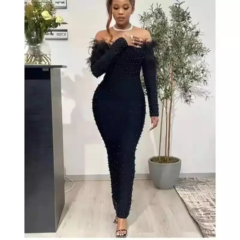 Plus Size Evening Gown Dress Women 2024 New Spring Elegant Slim Feather Neckline Beaded Skirt Lady Floor Length Party Dresses