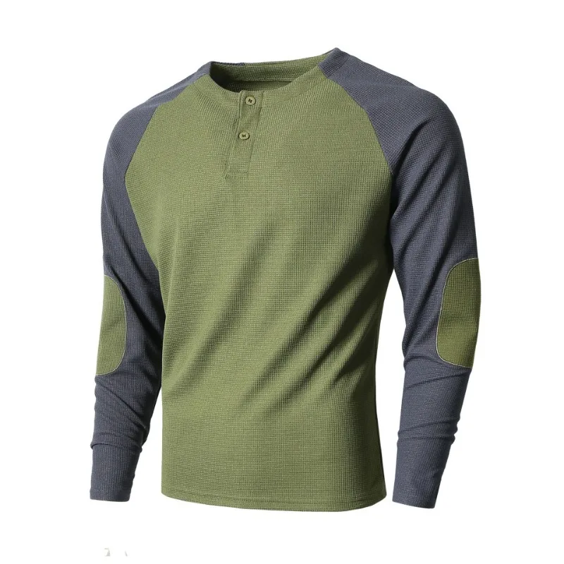 Outdoor Casual Breathable Long-sleeved Spring and Autumn Men's Top Raglan Splicing Round Neck Waffle Sweatshirt