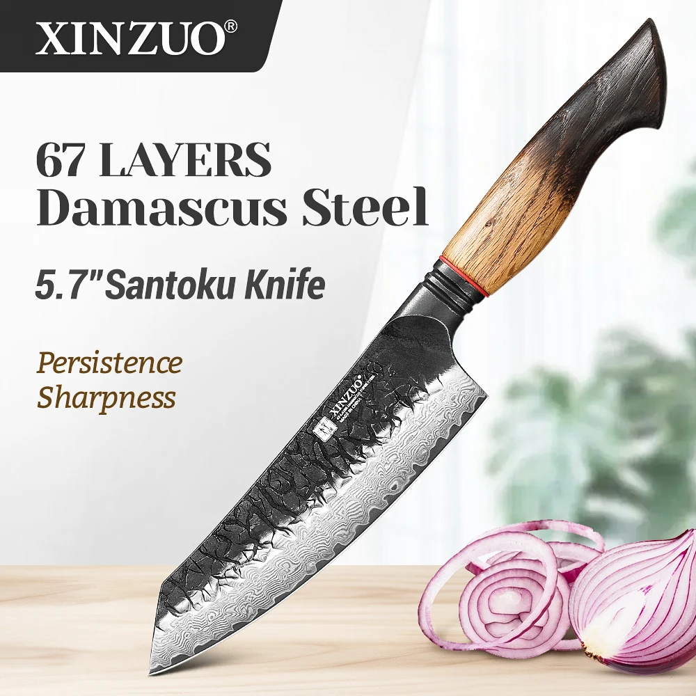 XINZUO 5.7'' Cuchillo Santoku 67 Capas Damasco Acero 15 ° +1 por filo de corte lateral dureza 60+2HRC roble blanco+mango G10 rojo