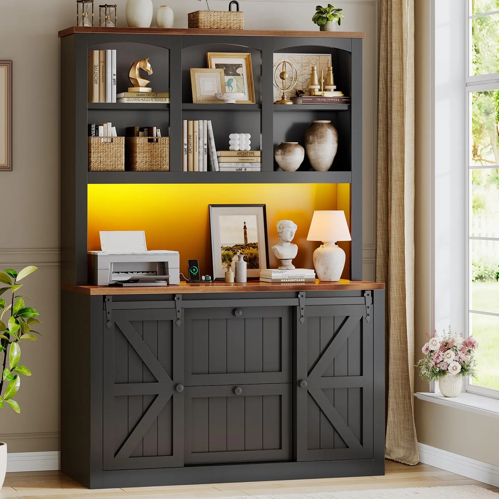 2 Drawer File Cabinet with Power Strip, 41” Farmhouse Filing Cabinet fits Legal, Letter, A4 Size Files for Home Office