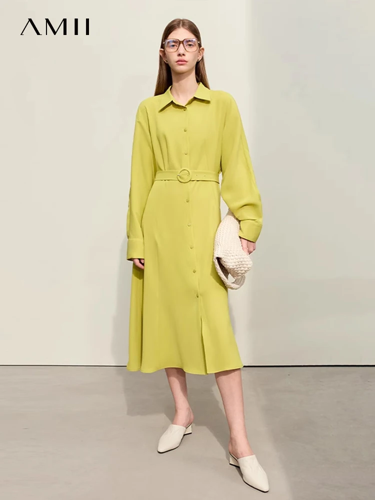 

Amii Minimalism 2024 Dresses For Women Spring New Commuter Solid Slim With Belt Lapel Long Sleeve Shirt Collar Dress 12441216