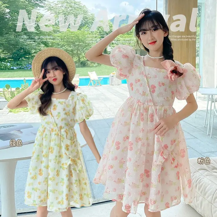 

Girls Summer Floral Dress 2025 Trendy Short Sleeve Chiffon Princess Casual Dress Kids Clothes Kids Dresses for Girls