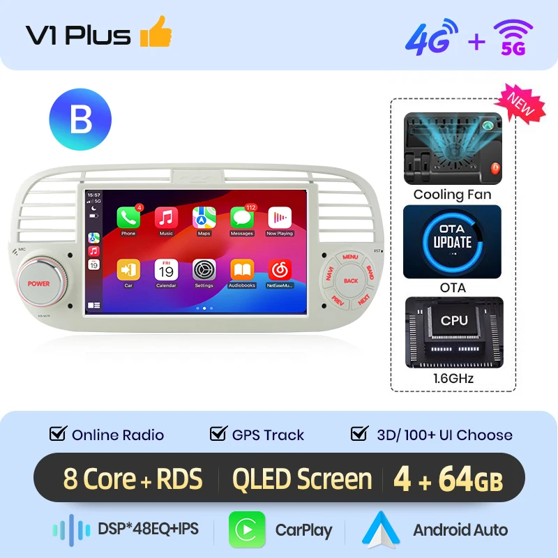 AWESAFE Draadloze CarPlay Autoradio voor FIAT 500 500C Abarth 2007-2015 met Android Auto GPS Navigatie Smart Systeem RDS DSP FM