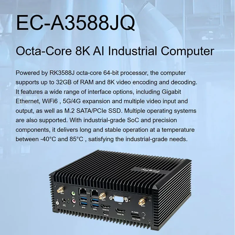 EC-A3588JQ Industrial Computer RK3588J Main Board Octa-Core 8K AI Core Board Frequency 2.4GHz 8nm GPU NPU 6.0Tops Large RAM 5G