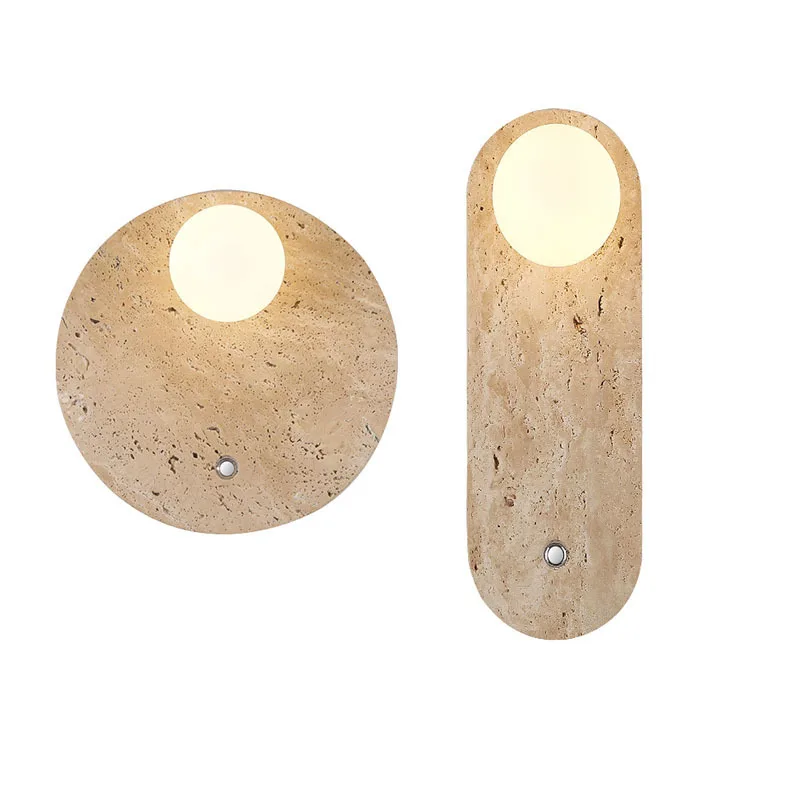 Yellow Travertine Round Oval Ambient Light Japanese Wabi-sabi Wind Bedroom Bedside Cream Wind Living Room Retro Wall Light