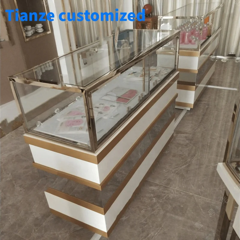 

(Customized) metal frame jewelry display jewelry table showcase perfume shop glass display counter retail showcase with lig