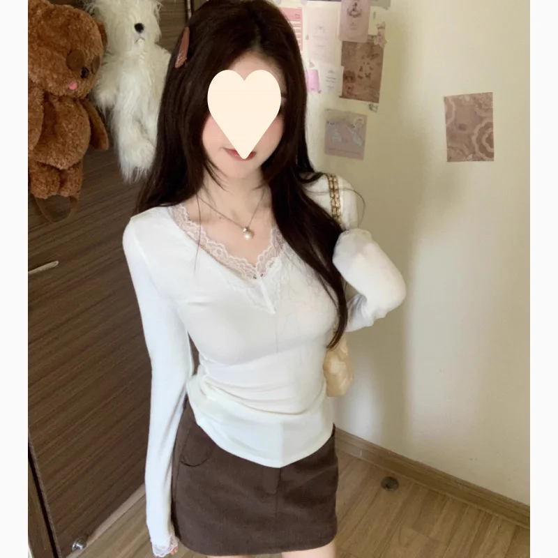 

Women's Fashion Top White Base Shirt Autumn Winter Street Style Comfortabl Korean Style Long Sleeve Lace Trim Collar Slim Fit