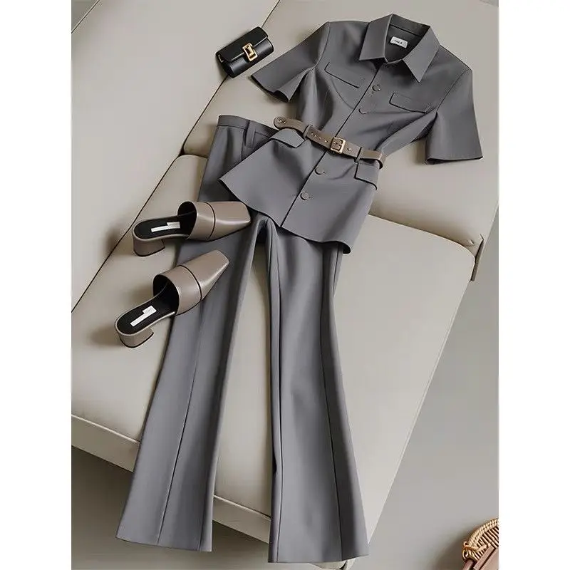 

New High End Office Lady Women's Suit Spring Lapel Short Sleeve Shirt + High Waist Pants Two Piece Sets Outfits Elegant