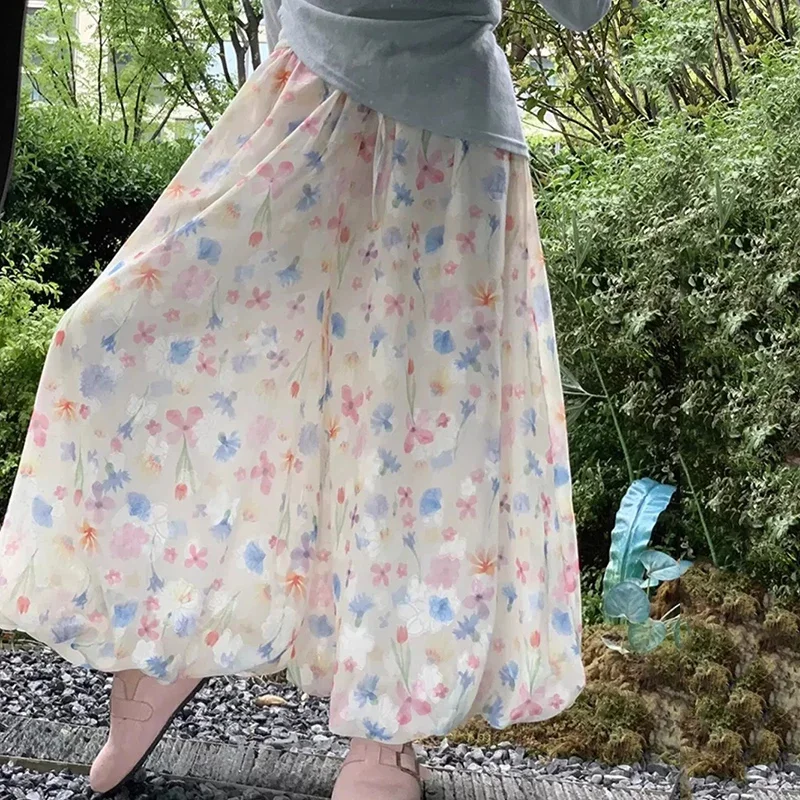 

Colorful Printed Flower Bud Long Skirts Women 2025 Summer High Waist Embroidery Skirt Woman Pleated A Line Midi Skirts Female