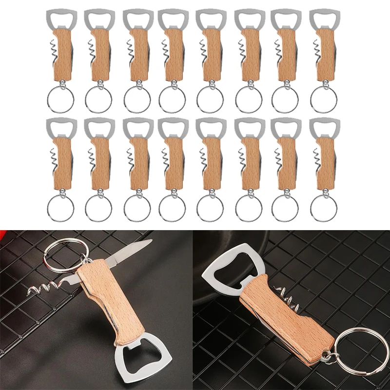 

40Pcs Beer Bottle Opener Keyring Keychain Stainless Steel Multifunctional Wooden Handle Corkscrew Wine Opener Bar Party Accessor