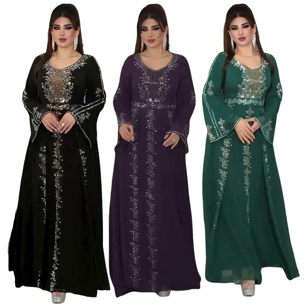 

New Women Elegant Dress Chiffon Open Abaya with Zipper Muslim Women Dress Islamic Clothing Cardigan Abaya Women Muslim Dress