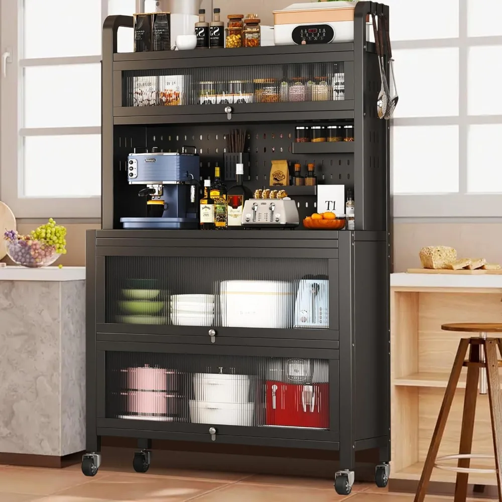 

Kitchen Cabinet with Acrylic Doors, Bread Rack with Switchable Universal Wheels, 63 Inch Microwave Stand, Farmhouse Coffee Bar C