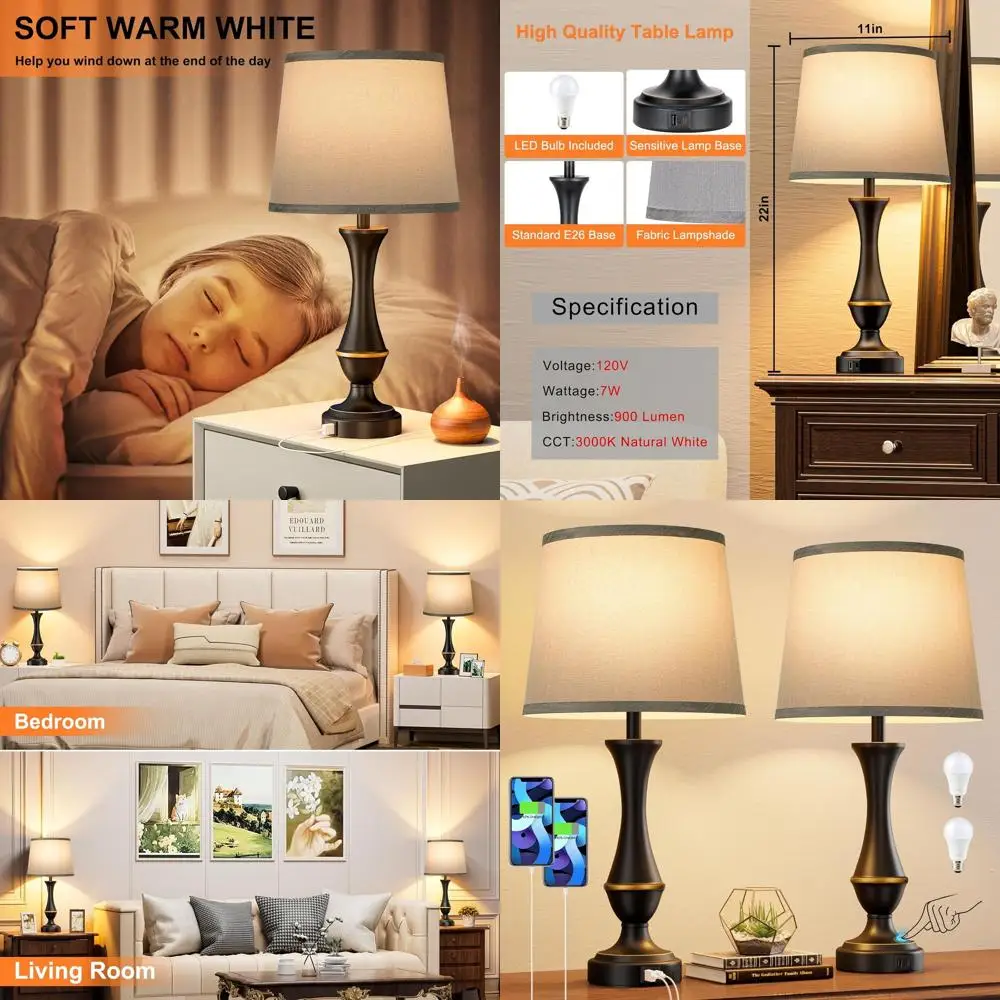 

2-Piece Bedroom Nightstand Lamp Set with USB Ports, 3-Way Dimming, Grey for Living Room Use