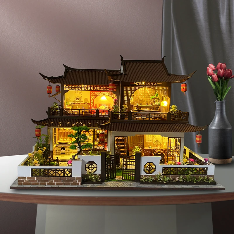 Grande edifício antigo casa de boneca de madeira casa móveis em miniatura com kit led casas de bonecas diy montagem brinquedo crianças presente aniversário