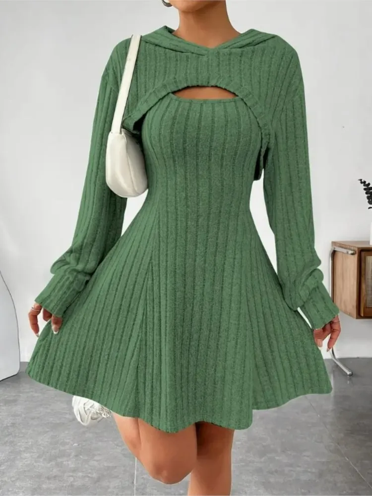 Herfst Winter Mode Gebreide Dames Rokkostuum Lange Mouwen Hoodie Top + Elegante Vrouwelijke Mouwloze A-lijn Tank Top 2-delige Set