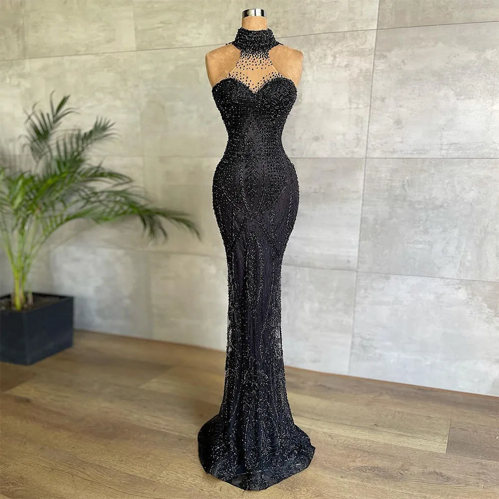 Sevintage Modern Design Beading Mermaid Evening Dresses Halter Sequined Crystal Dubai Women Long Prom Dress Formal Party Gown