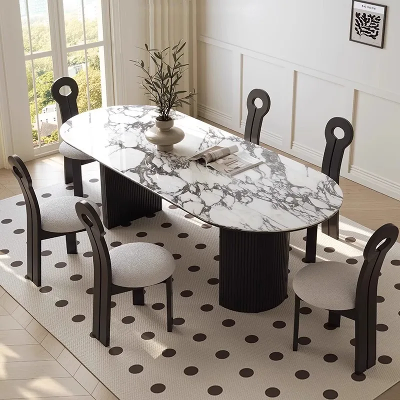 

French European Marble Dining Table Home Small Apartment Oval Solid Wood Rice Table Italian Minimalist Light Luxury Folding