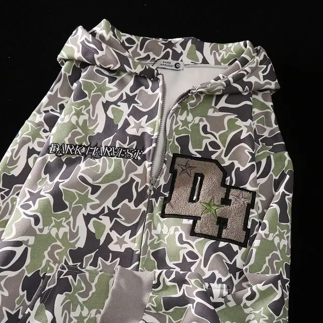 Harajuku Demônio Bordado das mulheres de grandes dimensões Camuflagem Camisola, Zip Up Hoodie, Roupas Góticas, Streetwear, Alta Qualidade, Y2K