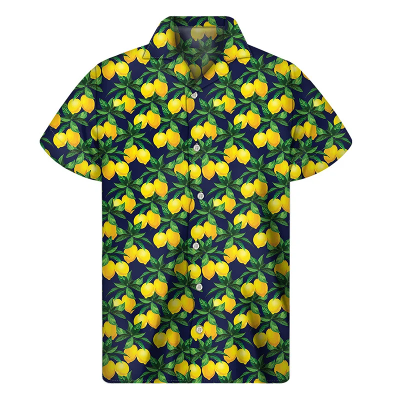 Camisa con estampado 3d de limón para hombre, blusa Hawaiana de manga corta con solapa, estampado de plantas tropicales, botón Aloha, vacaciones de verano