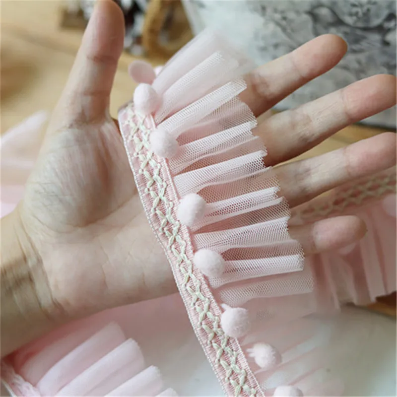 5CM Wide Double Layers Mesh Pleated Fabric 3d Lace Trim Princess Pink Pompom Fringe Ribbon Wedding Dress Sewing Guipure Decor