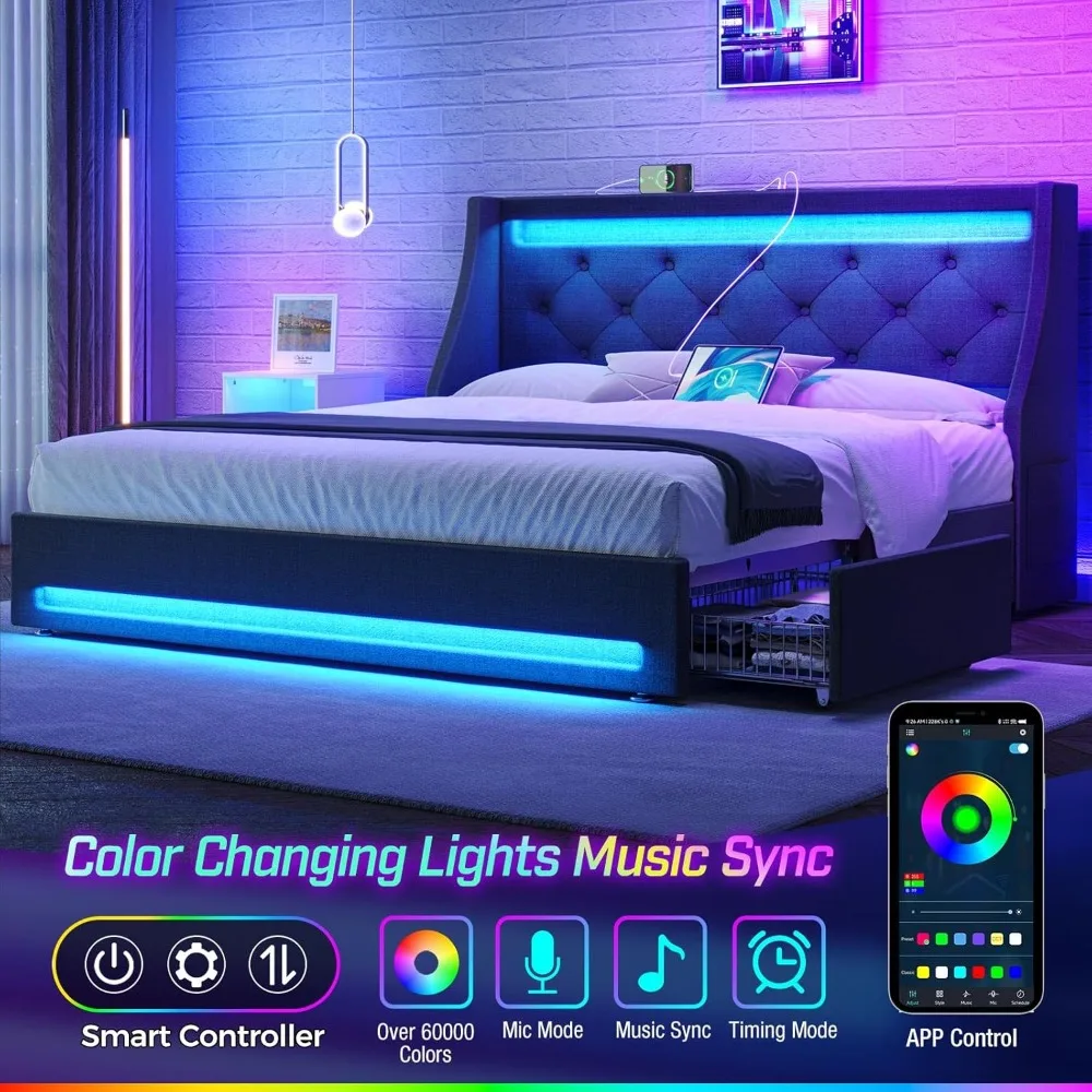 Bed Frame with LED Lights and Charging Station, Upholstered Bed with Drawers, Wooden Slats, Noise Free, Easy Assembly