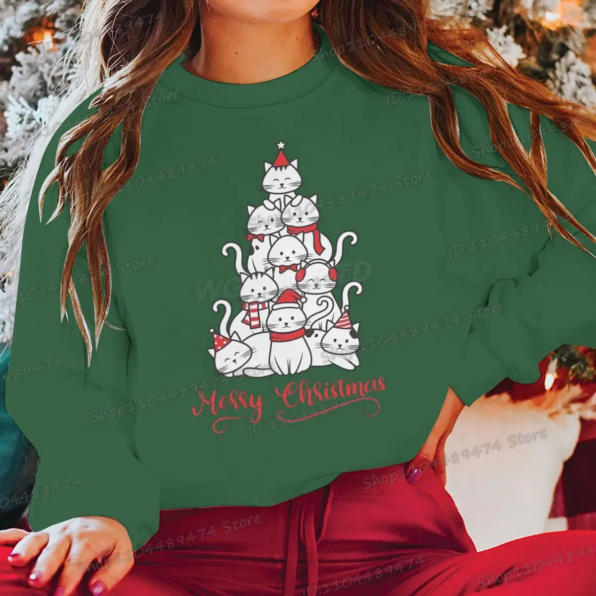 عيد ميلاد سعيد القطط شجرة هوديس الكرتون عيد الميلاد حزب بلوزات الرجال النساء جولة الرقبة الصوف الخريف الشتاء Y2K البلوز