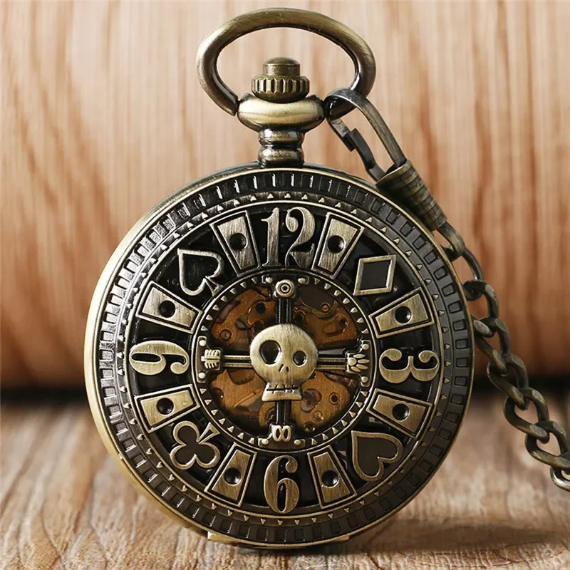 Vintage Poker Hollow Out Pocket Watch Men Women Automatic Mechanical Watches with Chain Skeleton Clock Pendant Chain Gift