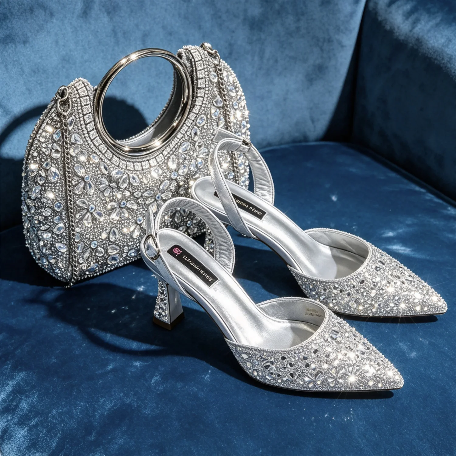 Stunning Silver High Heels for Women - Italian Pointed Toe Pumps with Rhinestone & Metallic Accents - Ideal for Parties