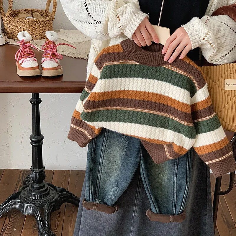 

UNITIM Children 3-8Y Boy Sweater 2025 Winter Striped Knit Thicken Warm Toddler Boys Pullovers Casual Kids Baby Boy Cardigan Tops